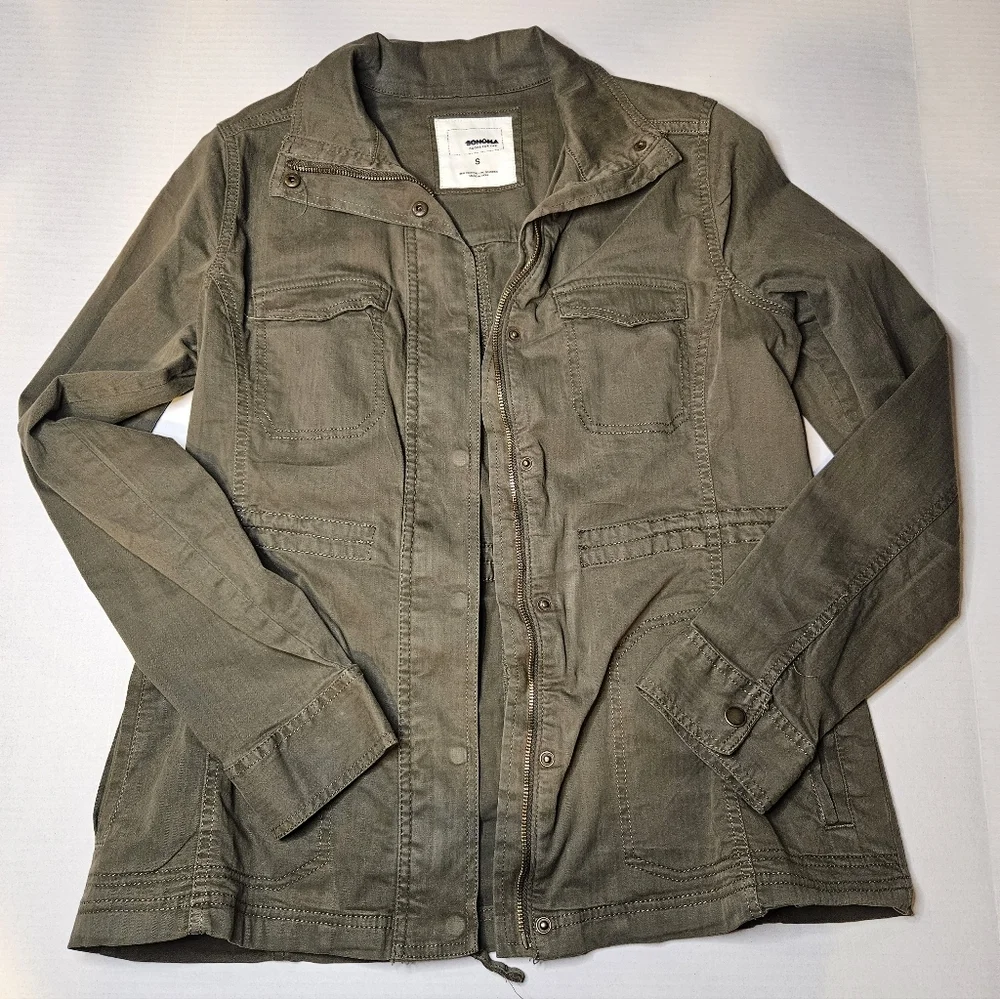 Utility Jacket Army Green SMALL Zip Up Snap Button - Picture 5 of 9